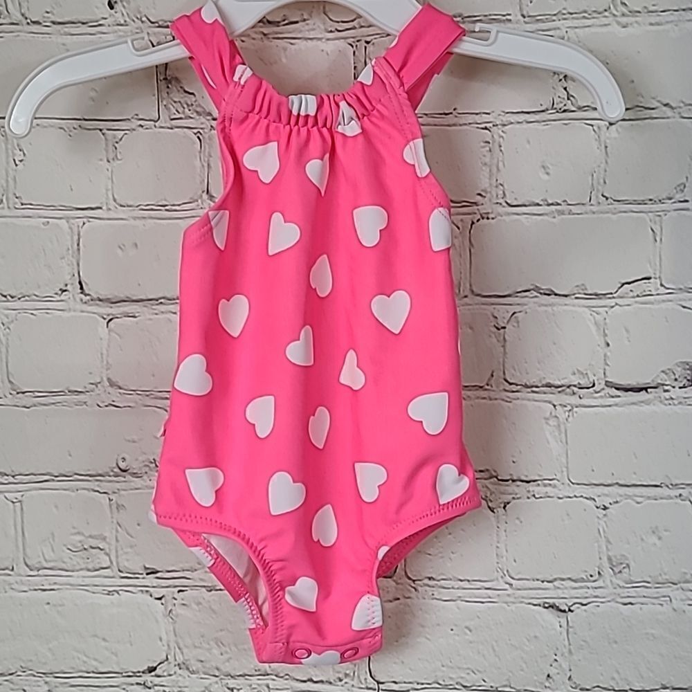 Carter's Baby Girl 3M Pink Neon Heart One-Piece Swimsuit Snap Bottom Infant Swim